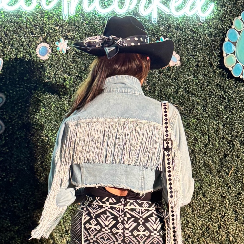 Fringe Denim Jacket and Patterned Skirt
